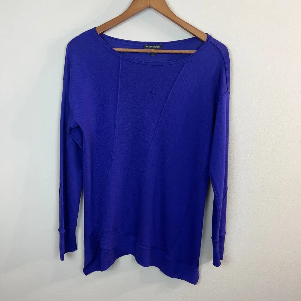 Eileen Fisher Sweater Womens Small Purple 100% Merino Wool Lightweight Knit Hole